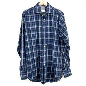 Thomas Dean Mens Large Blue Check Print Pima Cotton Button Up Shirt Long Sleeve